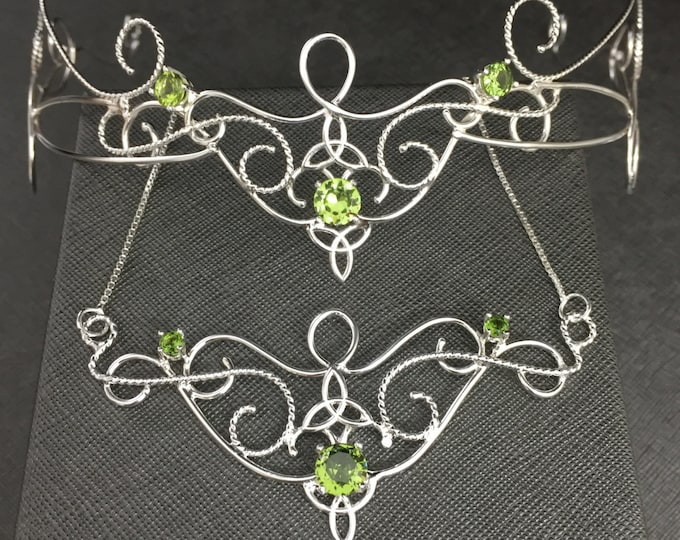 Elvish Wedding Tiara and Necklace Set, Celtic Knot Bohohemian Circlet Faceted Peridot, Sterling Silver Handmade Boho Victorian Bridal Set