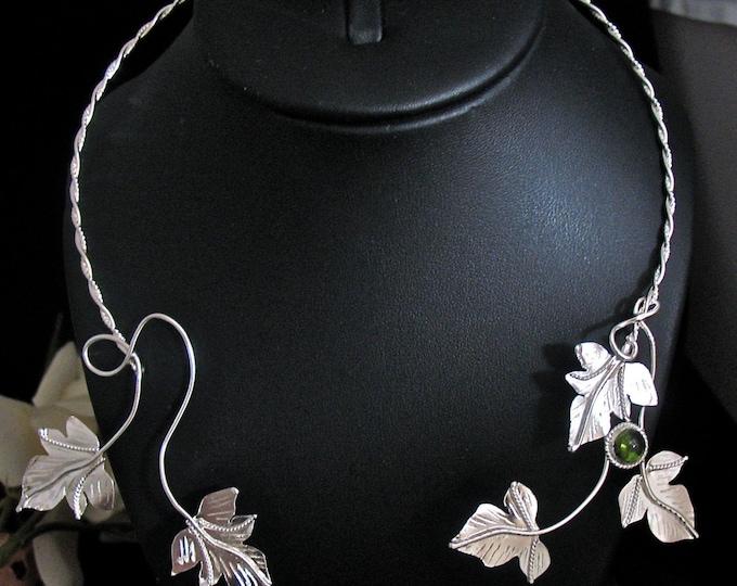 Woodland Leaf Ivy Neck Torc, Elvish Necklet, Boho Rustic Torc, Autumn Leaf Neck Torc, Sterling Silver Neck Jewelry Leaves and Gemstone
