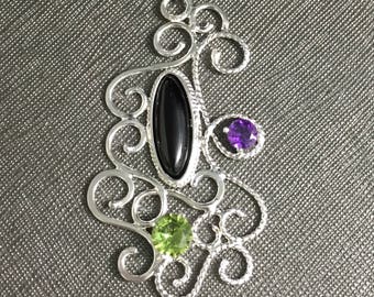 Bohemian Amethyst Peridot Onyx Wirework Necklaces, filigree Necklaces, Wire Sculpture Necklace, Renaissance Victorian Necklace