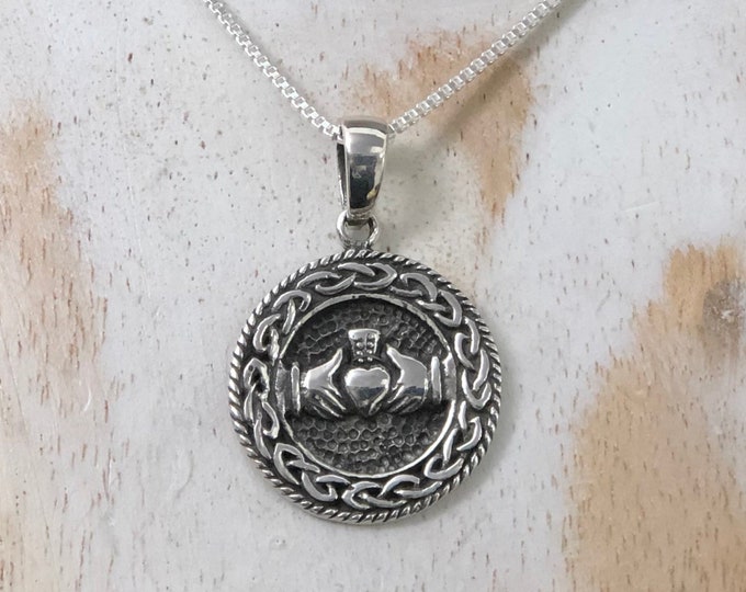 Irish Claddagh Symbol Necklace in Sterling Silver with 18 Inch Box Chain, Celtic Symbolic Jewelry, Celtic Claddagh Oxidized Pendant