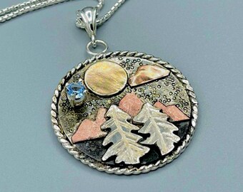 Sterling Silver Forest Necklace, 4mm Gemstone, Enchanted Forest Jewelry, Tree Jewelry, Gold and Silver  Mixed Metals Mountain Scene Necklace