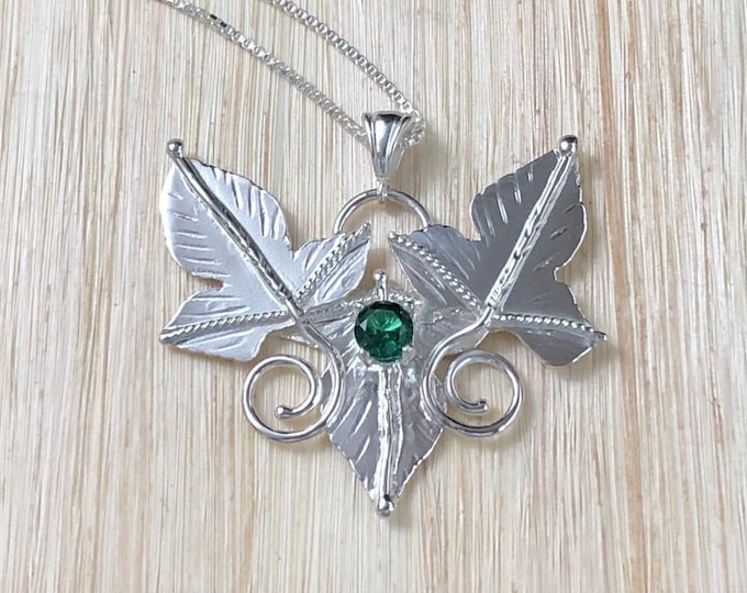 Woodland Leaf Emerald Sterling Silver Necklace, Elvish Necklaces, Rustic Leaf Necklace Gemstone, 16 inch Box Chain 925, Bohemian Style