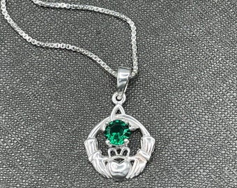 Sterling Silver Claddagh Necklace with 6mm Emerald Gemstone, Gifts For Her, Irish Wedding, Scottish Necklace