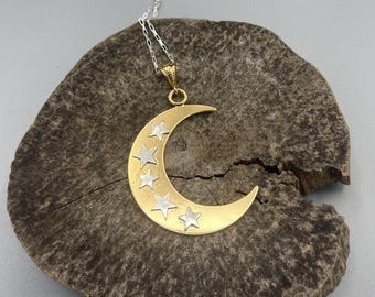 Stevie Nicks Inspired 1.5 Inches Crescent Moon/Stars, Sterling Silver Moon 14K Gold Plating, 18" Gold-Filled Chain, Handmade Moon Necklaces