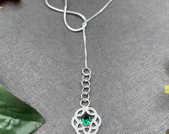 Emerald Eternity Celtic Knot Lariat Necklace: Sterling Silver Irish Jewelry, Long Necklace