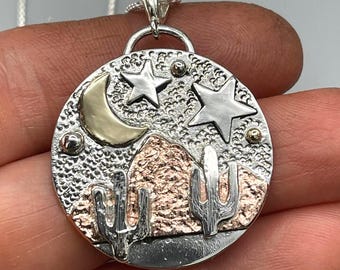Southwest Sterling Silver Necklace: Silver Cactus, Copper Mountain, Gold Sun, Hiking,  Desert Jewelry,  1.25 Inch Pendant, 18 inch Chain
