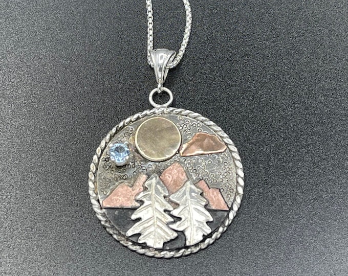 Sterling Silver Forest Necklace, Enchanted Forest Jewelry, Tree Jewelry, Gold and Silver  Mixed Metals Mountain Scene Necklace, Gift For Her
