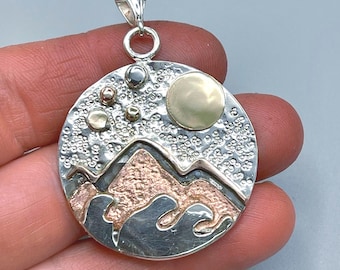 Mountain and Moon Ocean Waves Nature Landscape Necklace, Gift For Her, Sterling Silver, Copper, 14K Gold, Nature Necklace, Hiking, Rustic