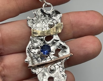 925 Sterling Silver Abstract Art Noir Mixed Metal 14K Gold Fill and Copper Sapphire Hammer Finish Necklace