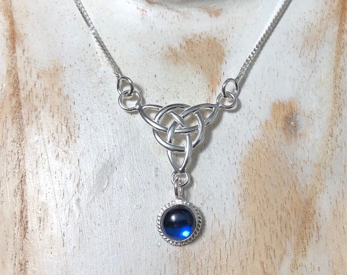 Celtic Trinity Knot Sapphire, Moonstone, Amethyst Drop Necklace in Sterling Silver, Irish Jewelry, Gifts For Her, Scottish Symbolic Necklace