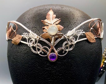 Woodland Crown in Sterling Silver Copper Brass, Artisan Gemstone Tiara  OOAK, Renaissance Bridal