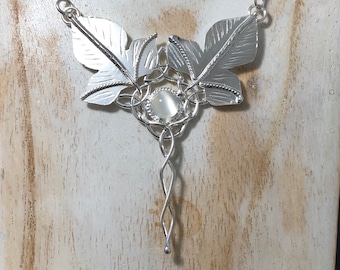 Celtic Leaf Moonstone Necklace in Sterling Silver, Nature Jewelry, Elvish Celtic Pendant with 16 Inch Box Chain and Moonstone .925