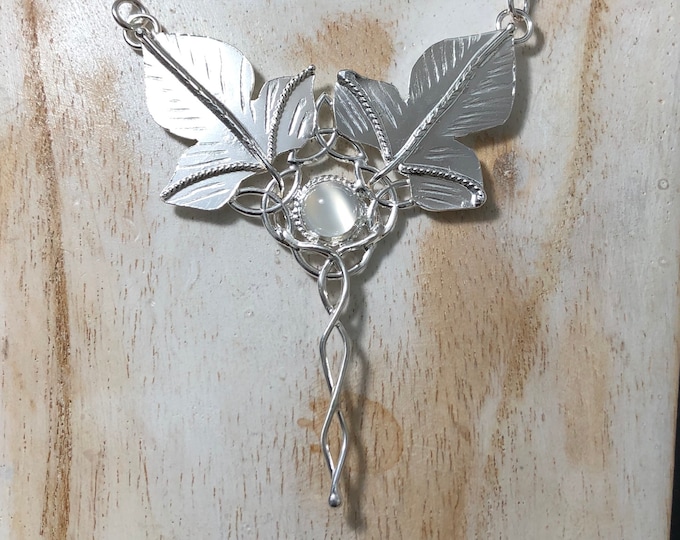 Celtic Leaf Moonstone Necklace in Sterling Silver, Nature Jewelry, Elvish Celtic Pendant with 16 Inch Box Chain and Moonstone .925