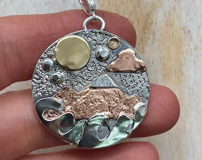 Featured listing image: Mountain Nature Ocean Mixed Metal Landscape Necklace, Gift For Her, Forest Mountain Lake Scenic Mountain Necklaces, 18 inch 925 Chain, 1.25"