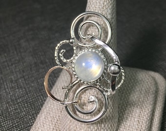 Bohemian 10mm Gemstone Sterling Silver 14K Gold Ring, Statement Rings, Abstract Swirl Ring with 8mm Cabochon, Art Nouveau Styles