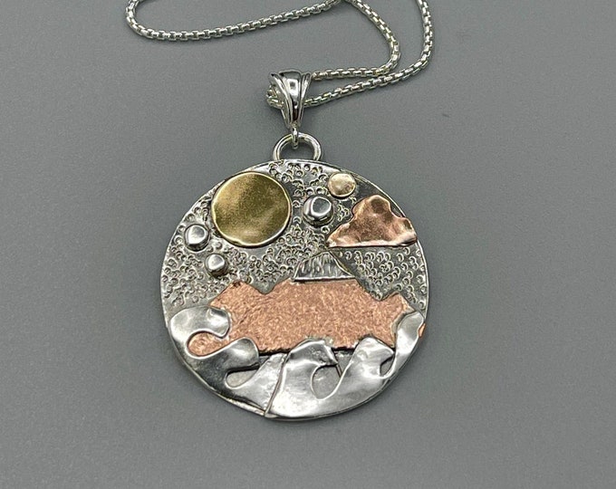 Featured listing image: Mountain Nature Ocean Mixed Metal Landscape Necklace, Gift For Her, Forest Mountain Lake Scenic Mountain Necklaces, 18 inch 925 Chain, 1.25"