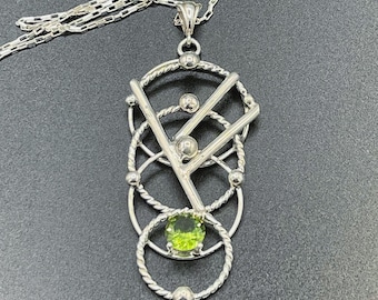 Geometric Sterling Silver Eternity Circle 8mm Peridot Necklace with 18 inch 925 Sterling Silver Chain, Statement Necklace, Luck and Fortune