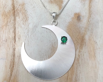 Large Crescent Moon Emerald, Amethyst, Peridot Necklace in Sterling Silver, Celestial Bohemian Necklaces, Gifts for Her, Birthday