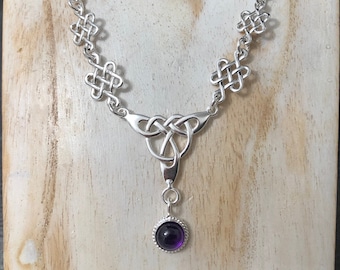 Sterling Silver 925 Solid Celtic Knot Amethyst Necklace, Rhodium Plated, 18 Inch Pendant Chain