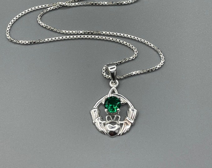 Irish Claddagh Emerald Peridot Amethyst  Necklace in Sterling Silver, Gifts For Her, Irish Symbolicc Necklace, Birthday Jewelry Ideas