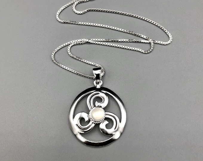 Celtic Knot Moonstone Spiral Necklace in Sterling Silver, Scottish Symbolic Necklaces, Irish Necklaces, Irish Pendants, Boho Style