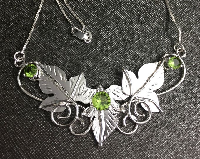 Woodland Leaf Sterling Silver Necklace: Peridot Elvish Design, Fantasy Wedding, Gifts For Her