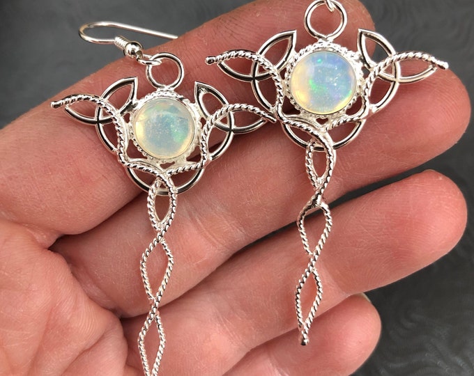 Celtic Trinity Knot Sterling Silver Earrings with 8mm round GENUINE Opal cabochons, Handmade Earrings, Artisan Celtic Earrings with Opals