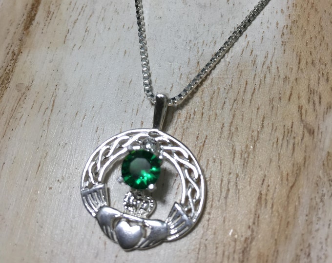 Irish Claddagh Emerald Celtic Necklace, 925 Box Chain, Irish Knot Celtic Necklace, Gemstone Irish Gift for Her Necklace