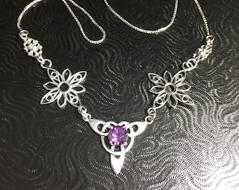 Irish Celtic Knot Gemstone Necklace in Sterling Silver, Gifts For Her, Irish Necklaces with Box Chain, Boho Style Jewelry, Scottish Jewelry