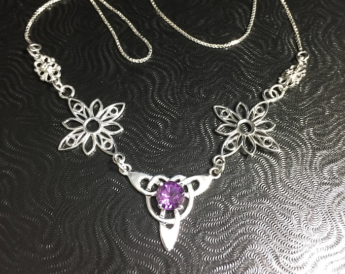 Irish Celtic Knot Gemstone Necklace in Sterling Silver, Gifts For Her, Irish Necklaces with Box Chain, Boho Style Jewelry, Scottish Jewelry