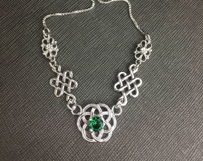 Irish Celtic Knot Emerald Necklace in Sterling Silver, Artisan Celtic Statement Necklace, Box Chain, Renaissance Gemstone Necklace