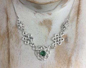 Irish Celtic Knot Emerald Necklace in Sterling Silver, Artisan Celtic Statement Necklace, Box Chain, Renaissance Gemstone Necklace