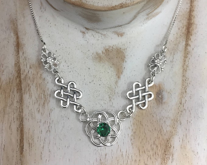 Irish Celtic Knot Emerald Necklace in Sterling Silver, Artisan Celtic Statement Necklace, Box Chain, Renaissance Gemstone Necklace
