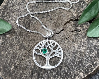 Tree of Life Emerald Peridot Amethyst Necklace in Sterling Silver, Art Nouveau Statement Necklace with Faceted Gemstone, OOAK