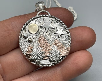 Mountain Scene Mixed Metal Rustic Necklace, Gift For Her, Sterling Silver, Copper, 14K Gold Nature Necklace, Hiking, Medallion