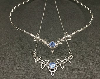 Celtic Knot Bridal Set: Sterling Silver Tiara & Sapphire Necklace Wedding Gift, Victorian Wedding Accessories, Irish Diadem, Scottish