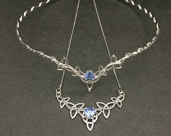 Celtic Knot Bridal Set: Sterling Silver Tiara and Sapphire Necklace Wedding Gift