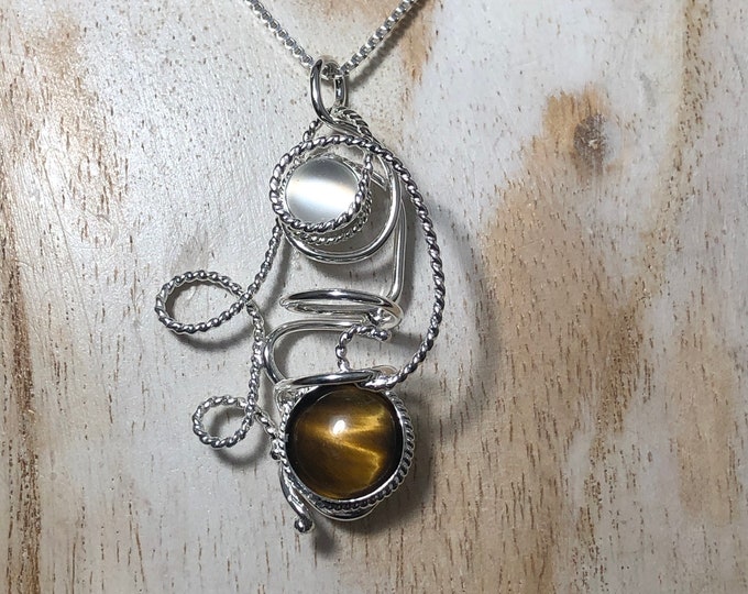 Tigers Eye Protection Wire Necklace in Sterling Silver, Gifts For Her, Moonstone Statement Necklace, Protection Jewelry