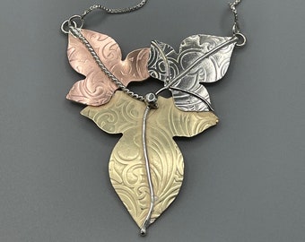 Large Statement Leaf Woodland Necklace in Mixed Metals, Large Leaves Pendant Necklace, Handmade, Woodland Leaves Necklace