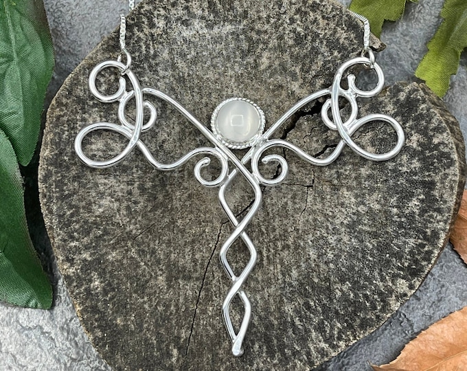 Bohemian Moonstone Necklace in Sterling Silver, Elvish Inspired Necklaces, Gifts For Her, Art Nouveau Wire Work Necklaces