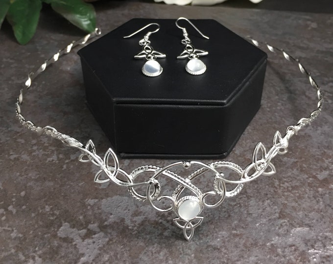 Celtic Knot Bridal Jewelry Set, Irish Weddings, Trinity Knot Tiara, Neck Torc, Earrings MOONSTONE Bridal Accessories, Gifts For Her