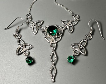 Irish Emerald Necklace & Earring Set, Gifts For Her, Sterling Silver, Celtic Earrings, Emerald  Victorian Neck Jewelry, Wedding Set