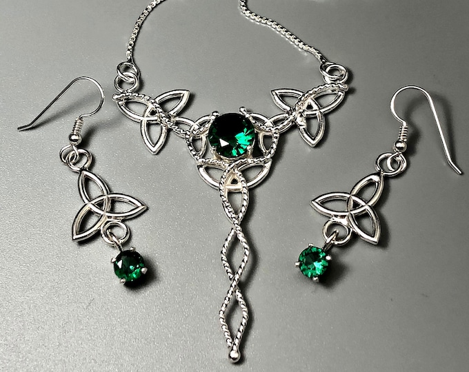 Irish Emerald Necklace & Earring Set, Gifts For Her, Sterling Silver, Celtic Earrings, Emerald  Victorian Neck Jewelry, Wedding Set