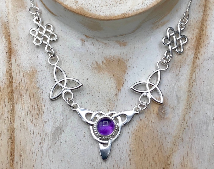 Celtic Knot Amethyst Sapphire Moonstone Necklace, Irish Necklace, Gifts For Her, Anniversary, Irish Weddings, Renaissance Necklaces