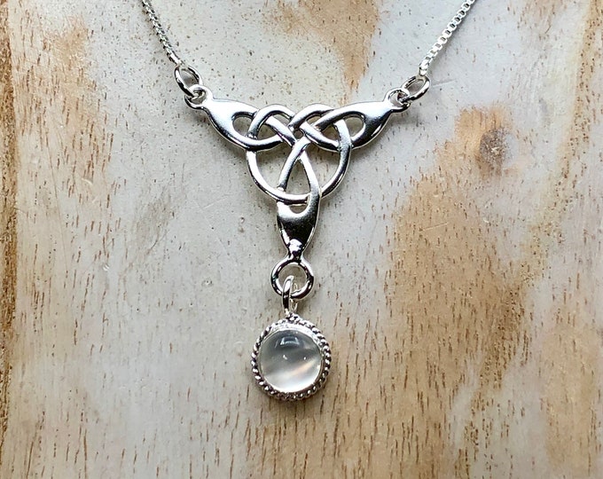 Celtic Trinity Knot Drop Necklaces Sterling Silver, Gifts For Her, Irish Necklaces, Moonstone Celtic Jewelry, Handmade Celtic