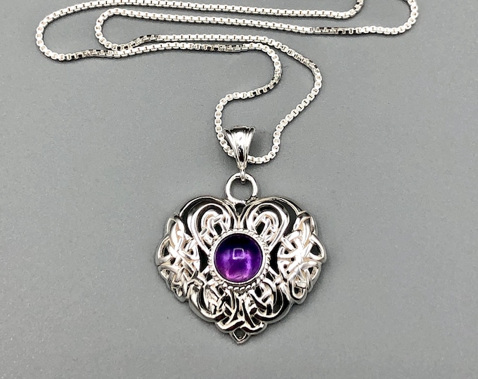 Celtic Irish Heart Amethyst Sapphire Moonstone Necklace in Sterling Silver, Irish Jewelry, Gifts for Her, Anniversary