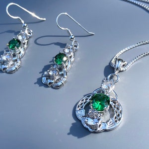 Irish Claddagh Emerald Necklace and Earring Set in Sterling Silver, Artisan Celtic Jewelry Set, Gifts For Her, White Topaz and Emeralds image 2