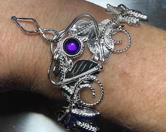 Woodland Amethyst Bracelet Cuff in Sterling Silver, Irish Leaf Cuff Bracelet, Fae Elvish Woodland, Gifts For Her
