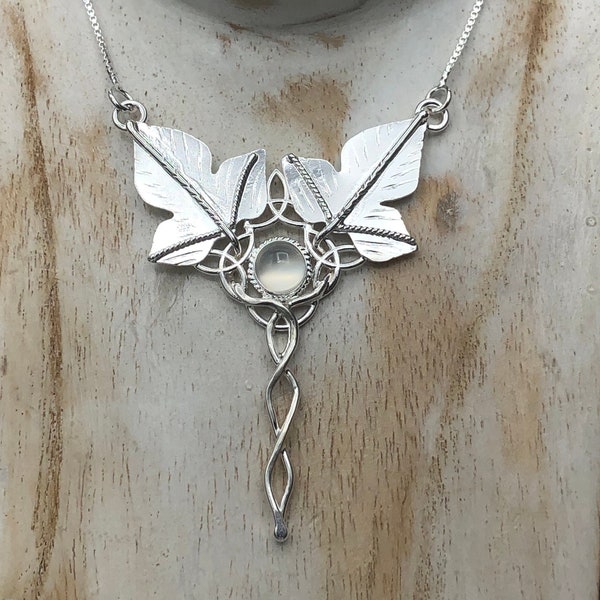 Woodland Leaf Moonstone Necklace in Sterling Silver, Artisan Woodland Necklace with Leaves and Gemstone, Sterling Silver Artisan OOAK