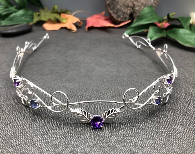 Woodland Elvish Bridal Tiara, Peridot Sapphire Fae Circlet in Sterling Silver, Renaissance Bridal Diadem, Alternative Bridal Tiaras